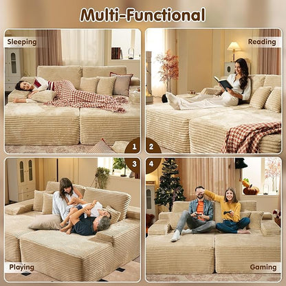 ovios 81" Oversized Sectional Double Lounge Chaise with Cloud Plush Sofa Bed, No Assembly Required, Fluffy Modern Sleeper Loveseat Chair for Indoor Living Room Bedroom Reading, Beige (Plush Fabric)