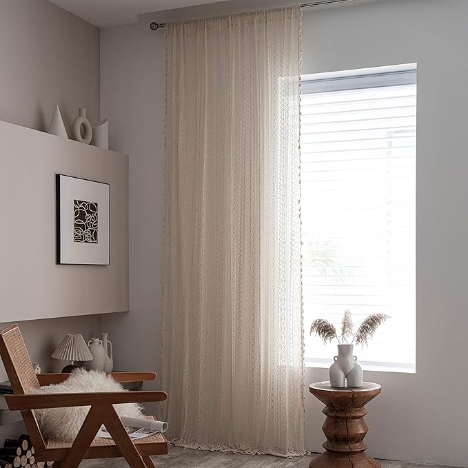 Sutuo Home Boho Lace Curtains for Kitchen Bedroom,Bohemian Crochet Sheer Cotton Tassels Knitted Window Treatment Geometry Country Vintage Rustic Drape Rod Pocket 1 Panel 59" W x 72" L, Beige Wave