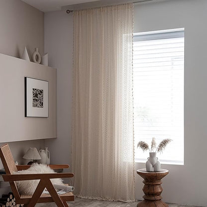 Sutuo Home Boho Lace Curtains for Kitchen Bedroom,Bohemian Crochet Sheer Cotton Tassels Knitted Window Treatment Geometry Country Vintage Rustic Drape Rod Pocket 1 Panel 59" W x 72" L, Beige Wave