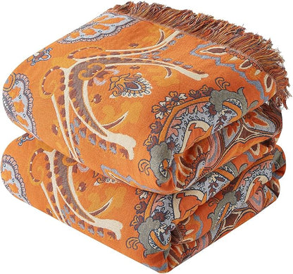Boho Throw Blanket for Couch Sofa Bed, 100% Cotton Woven Quilt with Tassel 60”x80”, Super Soft Muslin Blanket with Oriental Universe Printed, Decorative Reversible Bed Blanket/Cover for All Seasons