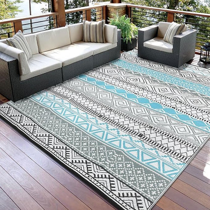 GAOMON Outdoor Plastic Straw Rug, 10'x20' Reversible Sage Green Patio Mat, Flower Modern Design for RV, Backyard, Deck, Camping, Picnic, Blue/Grey(Bohemia)