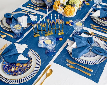 Solino Home Linen Table Runner 48 Inches - 100% Pure Linen Indigo Blue Hemstitch Table Runner 14 x 48 Inch Ideal for Dresser and Coffee Tables - Fall, Autumn - Classic Hemstitch