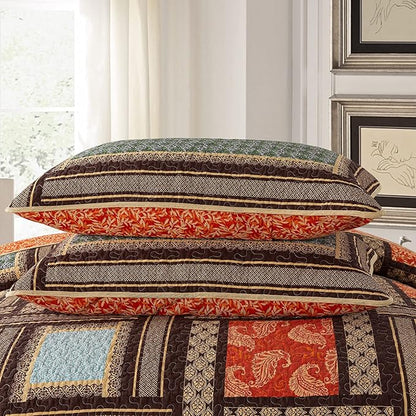NEWLAKE Cotton Patchwork Bedspread, 3-Piece Bedding Quilt Set with Real Stitched Embroidery, Reversible Matelasse Bed Coverlet Set,Bohemian Farmhouse,Queen Size