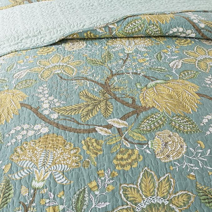 NEWLAKE Cotton Bedspread Quilt Sets-Reversible Patchwork Coverlet Set, Green Floral Pattern, Queen Size