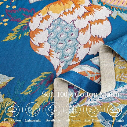 Boho Throw Blanket, Blue Lightweight Blankets for Summer, 100% Cotton Bohemian Decorative Throw Blanket, 50"x60" Reversible Muslin Breathable Woven Farmhouse Blankets Quilt,