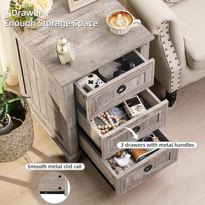 Farmhouse Night Stand Set of 2, 18" End Table with 3 Drawer Metal Handle, Dresser for Bedroom, Sofa Bed Side Table Chest of Drawers,Wood Nightstand Cabinet for Organizer, Living Room-Oak