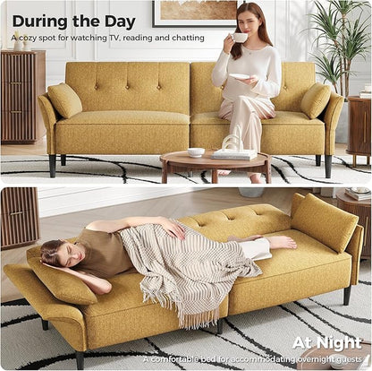 89” Futon Sofa Bed, Linen Comfy Futon Couch Bed with 2 Square Pillows, Convertible Sleeper Sofa with Adjustable Backrest& Armrests, Modern Loveseat Sleeper for Living Room, Bedroom, Yellow