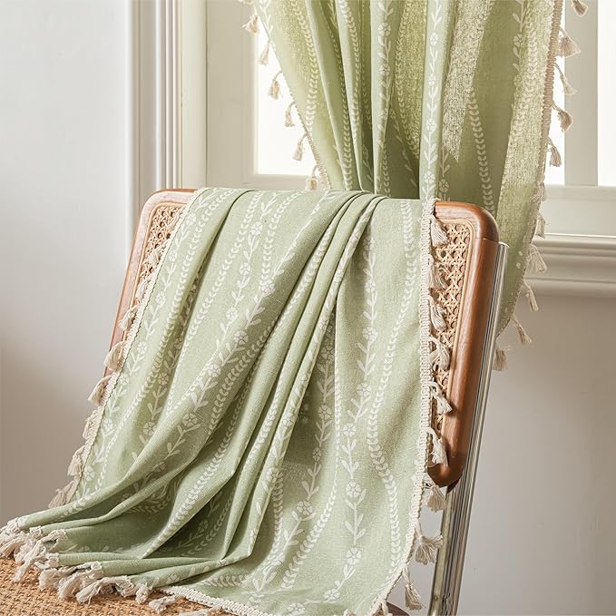 Sutuo Home Boho Curtains 96 Inches Long for Bedroom Living Room Nursery Patio, Bohemian Tassels Country Window Treatment Drape for Christmas Decorations, 1 Panel 59" W x 96" L,Green Stripe Floral
