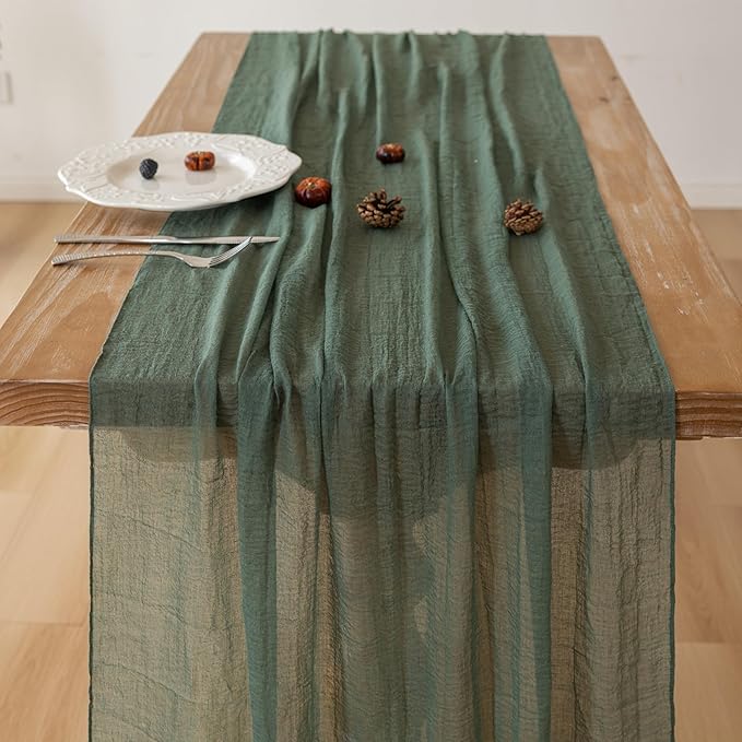 Forest Green Gauze Rustic Cheesecloth Table Runner 120 Inch 10 FT for Wedding Baby Shower Bridal Shower Birthday Engagement Garden Outdoor Party Long Sheer Boho Decorations