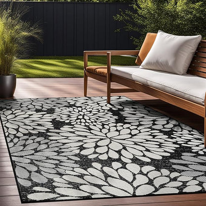 Beverly Rug Outdoor Rug 10x14 Modern Exotic Tropical Leaf Area Rugs for Indoor and Outdoor Patio Deck Porch Garden Water Resistant Washable Outside Carpet (10 x 14 Dark Gray)