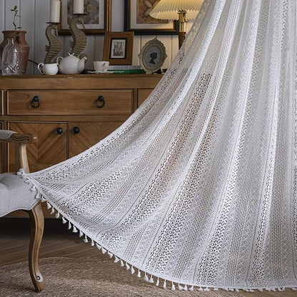Sutuo Home Cream White Crochet Boho Curtain 84 Inches Length, Sheer Lace Handmade Tassels Knitted Window Treatment Vintage Rustic Bohemian Farmhouse Drape for Bedroom Rod Pocket 1 Panel 59" W x 84" L