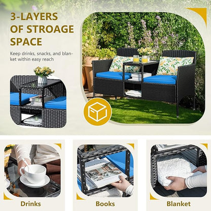 Flamaker Outdoor Furniture Patio Loveseat Wicker 2-Seat with Built-in Table and Cushions Rattan Porch Chairs Bench for Balcony, Lawn, Backyard (Blue)