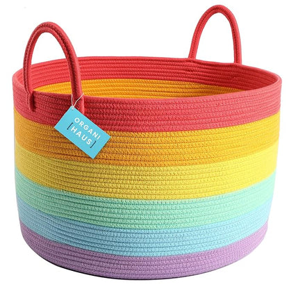 OrganiHaus Large Blanket Basket for Living Room 20x13, Rainbow Rope Basket for Classroom Organization, Toy Storage Basket, Woven Kids Laundry Basket, Baby Toy Box, Cute Storage Basket, Nursery Hamper