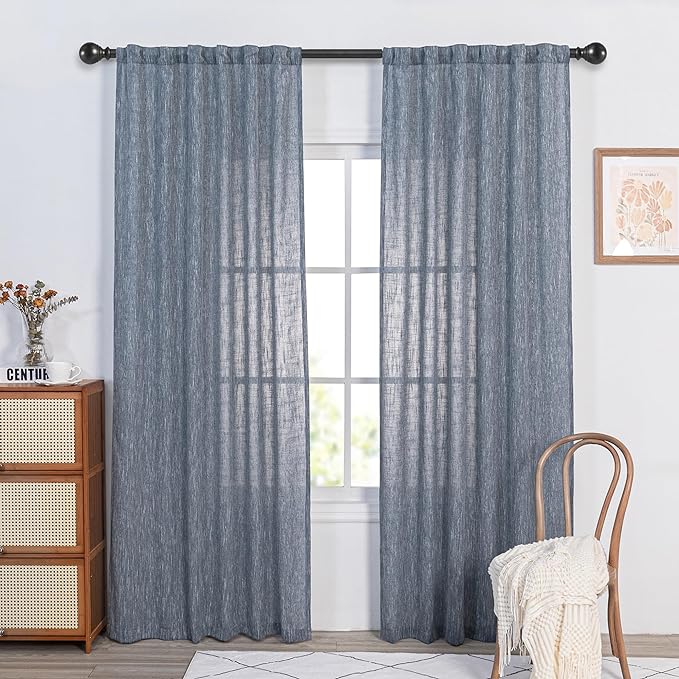 MYSKY HOME Semi Sheer Curtains 84 Inch Length, Living Room Curtains & Drapes Boho Sheer Light Filtering for Sliding Glass Door Windows Soft Elegant Rod Pocket, 50" x 84", Dusty Blue, 2 Panels
