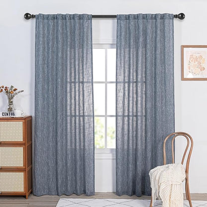 MYSKY HOME Semi Sheer Curtains 84 Inch Length, Living Room Curtains & Drapes Boho Sheer Light Filtering for Sliding Glass Door Windows Soft Elegant Rod Pocket, 50" x 84", Dusty Blue, 2 Panels