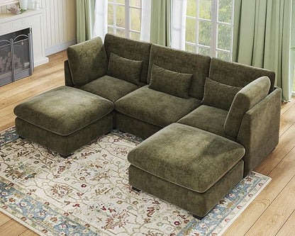 Oversized Modular Sofa, Extra Deep Cloud Chenille Sectional Couch with Ottoman Chaise, Fluffy Chenille 5 Seater Sofa Bed for Living Room, Villa (U Shape 5 Seater, Chenille Green)