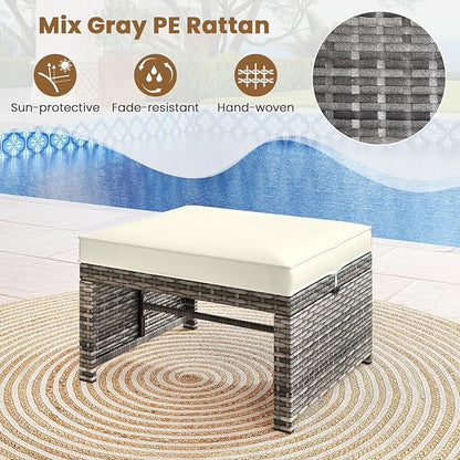 Tangkula 2 Pieces Patio PE Rattan Ottomans, Multipurpose Outdoor Footstool Footrest Additional Seating Side Table with Soft Zippered Cushions for Deck, Garden, and Yard (White)