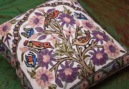Tree of Life Pillow Cover Lavender Floral Pillowcase Botanical Flower Pillows Plants Farmhouse Traditional Chair Cushions Needlepoint Hand Embroidered Wool Size - 18x18