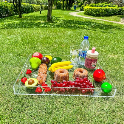 Clear Rectangular 16x20 Inches Acrylic Ottoman Tray Decorative Serving Tray with Cutout Handles Organizer Tray on Coffee Table Countertop Big Breakfast Bed Tray Living Room Appetizer Serving Food