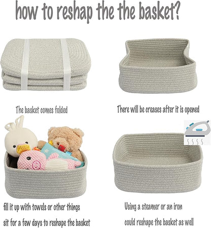 Small Woven Storage Baskets 13“X9”X5“ Decorative Rope Bins for Organizing Shelves, Closets, and Toys, Empty Gift Baskets, Cute Organizer Basket for Home and Office (grey, Large)