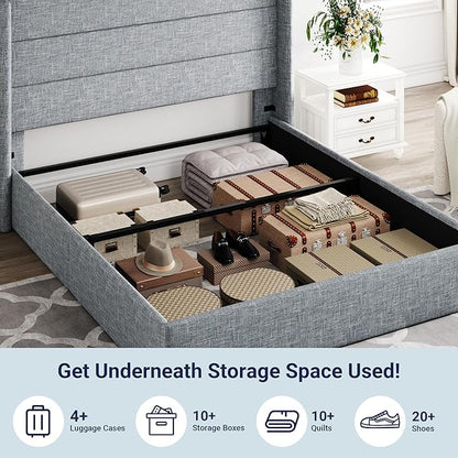 Allewie Full Size Lift Up Storage Bed, Modern Wingback Headboard, Hydraulic Support, No Box Spring Needed, Grey Blue