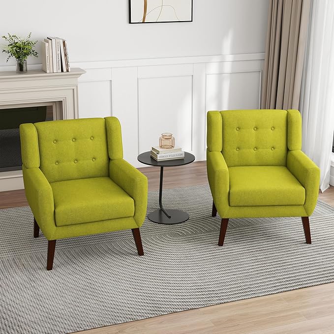 UIXE Accent Chair, Modern Upholstered Armchair in Fabric for Living Room, Comfy Club Arm Chairs Single Sofa Button Tufted Bedroom Reading Seat - Green