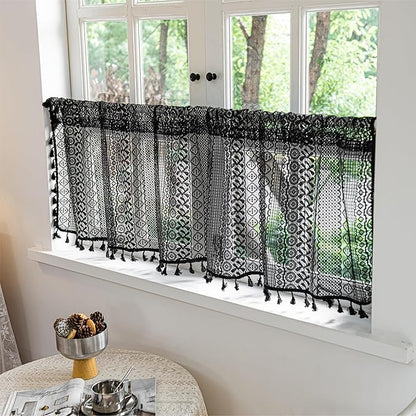 Sutuo Home Black Boho Valance Curtains Crochet Lace Sheer Bohemian Hollow Knitted with Tassels, Privacy Vintage Mid Century Farmhouse Tier for Kitchen, Rod Pocket 1 Panel,59" W x 36" L