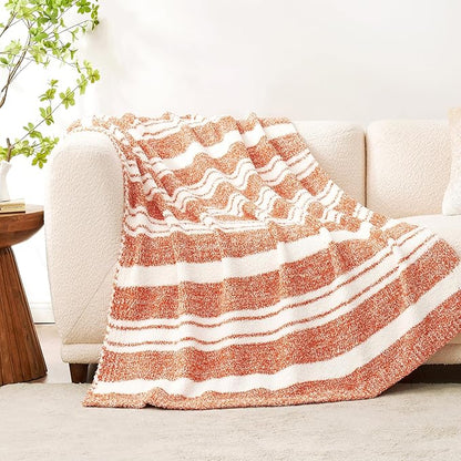 Snuggle Sac Orange Fall Throw Blanket for Couch, Reversible Super Soft Blankets Warm Cozy Knit Fuzzy Plush Blankets for Sofa,Living Room, Stripe Orange,50x60 inches