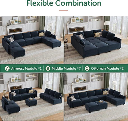 HONBAY Sectional Sleeper Sofa Velvet Sectional Sleeper Couch with Storage Modular Sleeper Sectional Sofa Couch for Living Room,Dark Blue