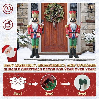 5FT Lighted Nutcracker with Candy Cane for Christmas Decoration, 3D Pre-Lit Iridescent Soldier Xmas Decor with 100 Warm White Lights, Glittered Standing Holiday Display for Outdoor, Indoor