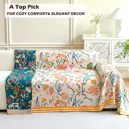 Boho Throw Blanket, 100% Organic Cotton Breathable Ultra Soft 80" x 90" Bed Quilt Throw - All Season Floral Rustic Farmhouse Decor Luxury Reversible Blanket for Sofa Couch Chair and Gift