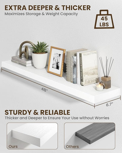 Marsmiles 48" Floating Shelves for Wall, Wooden Shelves with Invisible Brackets Set of 2, Rustic Farmhouse Wall Mounted Shelf for Kitchen Bathroom Living Room Study, White