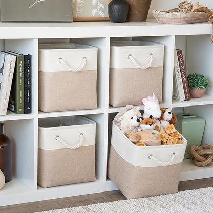 OrganiHaus 11x11 Cube Storage Bins 4 Pack, Foldable Cube Storage Organizer w/ Rope Handles, Collapsible Fabric Bins for Toys, Clothes & Closet Organization, Fabric Square Baskets - Beige/White