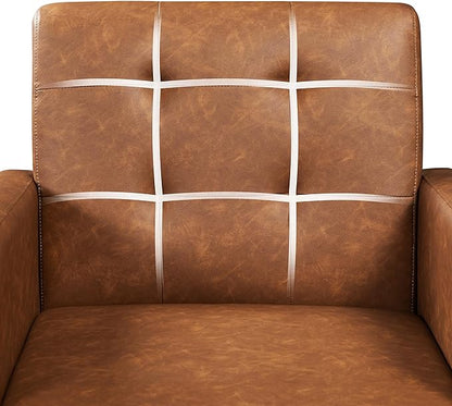 Yaheetech Mid-Century Accent Chairs, PU Leather Modern Upholstered Living Room Chair, Cozy Armchair Button Tufted Back and Wood Legs for Bedroom/Office/Cafe, Retro Brown 2 PCS