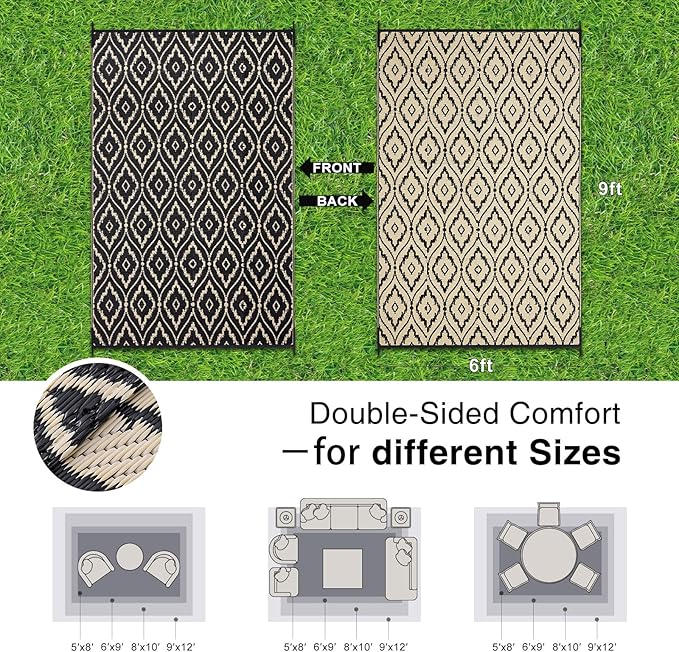 OLANLY Outdoor Rug 6x9 ft Waterproof, Outdoor Plastic Straw Rug with Geometric Pattern Clearance, Reversible RV Mat for Patio, Camping, Balcony, Deck, Backyard, Black & Beige