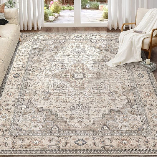 Washable Area Rugs for Living Room -10x12 Neutral Vintage Distressed Floral Farmhouse Boho Large Soft Floor Rug Indoor Non Slip Carpet for Living Room Bedroom Dining Room Office-Brown/Multi