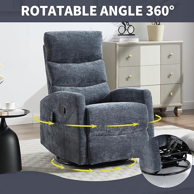 Manual Swivel Rocker Recliner Chair for Adults, Overstuffed Reclining Glider Chair for Nursing with Vibration Massage & Heat, Living Room Rocking Recliner 3-Stage backrest, Chenille Fabric Blue