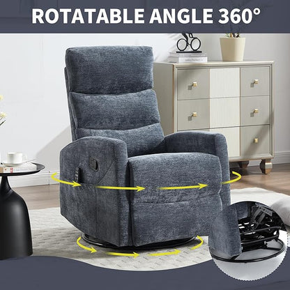 Manual Swivel Rocker Recliner Chair for Adults, Overstuffed Reclining Glider Chair for Nursing with Vibration Massage & Heat, Living Room Rocking Recliner 3-Stage backrest, Chenille Fabric Blue