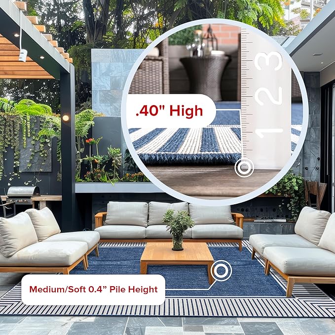 nuLOOM 6' 7" x 9' Outdoor Area Rug, Casual Design With Striped Border, Stain Resistant, Highly Durable, For Patio, Balcony, Bedroom, Living Room, Dining Room, Bathroom, Navy
