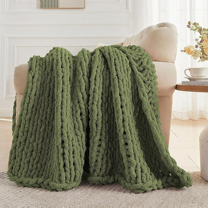Carriediosa Chunky Knit Throw Blanket 60" X 80" Twin, 100% Hand Made Large Chenille Loop Yarn Soft Fluffy Throws for Couch Sofa Bed, Big Crochet Cozy Heavy Thick Cable Woven Blankets, Olive Green