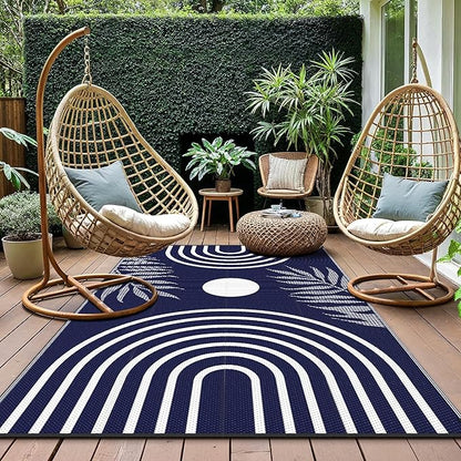 GENIMO Outdoor Rug 6' x 9' Waterproof for Patio Clearance, Reversible Lightweight Plastic Straw Camping Carpet, Large Area Rugs Mats for Rv, Backyard, Deck, Porch, Picnic, Balcony, Mix-Blue & White