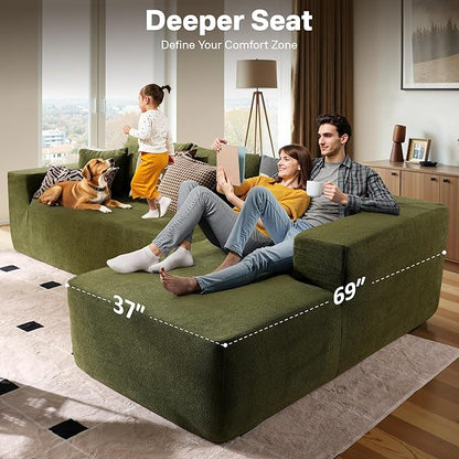 104" Cloud Sectional Couches for Living Room,L Shaped Boneless Couch in A Box,Sleeper Sofa with Comfy Chaise No Assembly Required,Green