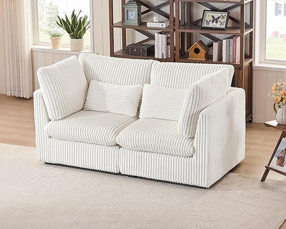 Oversized Modular Sofa, Extra Deep Cloud Corduroy Sectional Couch with Ottoman Chaise, Fluffy Corduroy 2 Seater Sofa Bed for Living Room, Villa (Loveseat Sofa, Corduroy White)