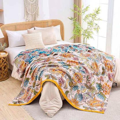 Boho Throw Blanket for Bed, 100% Cotton Soft Rustic Quilt Fall Blanket, 80"x90" Floral Printed Farmhouse Decor Bed Blankets, All Season Rustic Reversible Bohemian Throw Quilt