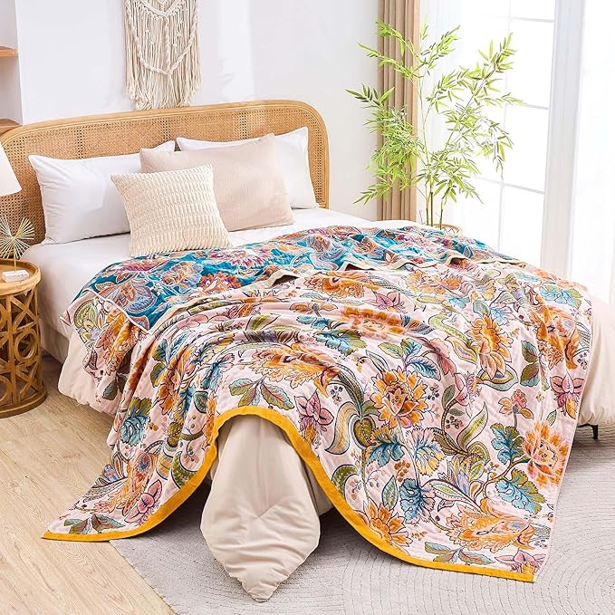 Boho Throw Blanket for Bed, 100% Cotton Soft Rustic Quilt Fall Blanket, 50"x60" Floral Printed Farmhouse Decor Bed Blankets, All Season Rustic Reversible Bohemian Throw Quilt