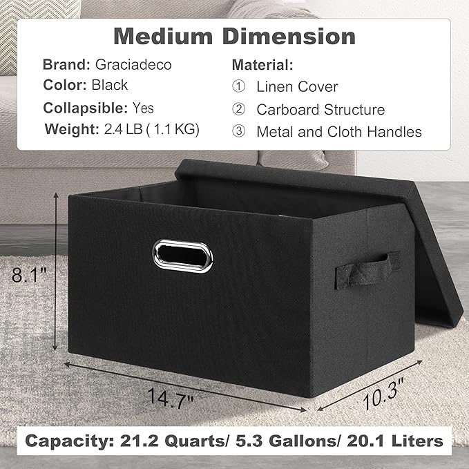 Medium 15" 21 Quart Collapsible Stackable Storage Bins with Lids, 1 Pack Black Foldable Fabric Closet Storage Boxes with Lids, 4 Handles Heavy-duty Linen Cube Baskets for Bedroom