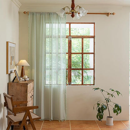 Sutuo Home Boho Curtains for Bedroom Dining Room, Bohemian Crochet Lace Hollow Knitted Handmade Tassels Vintage Rustic Window Treatment Farmhouse Drapes, 1 Panel Rod Pocket 59" W x 96" L, Mint Green