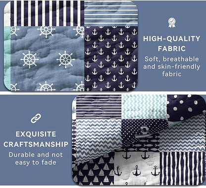 Nautical Bedding Queen Size Coastal Quilt with 2 Shams, Coastal Beach Comforter Sets Ocean Bedspreads Coverlet Summer Bedding, 90''x96''