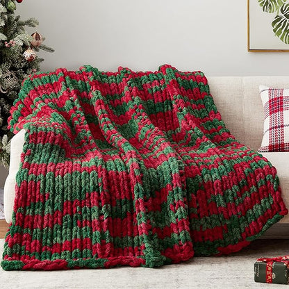 Chunky Knit Throw Blanket, 30''*40'' Knitted Throw Chenille Yarn for Bed Couch, Handmade Stripe Crochet Big Thick Blanket, Machine Washable Cute Comfy Blanket for Home Decor