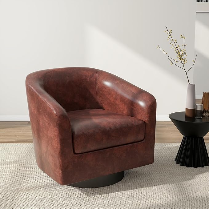 Swivel Barrel Accent Chair, Modern Round Faux Leather Arm Chair for Living Room, Bedroom, Comfy Club Reading Chairs for Adults(Faux Leather, Red Brown, Set of 2)